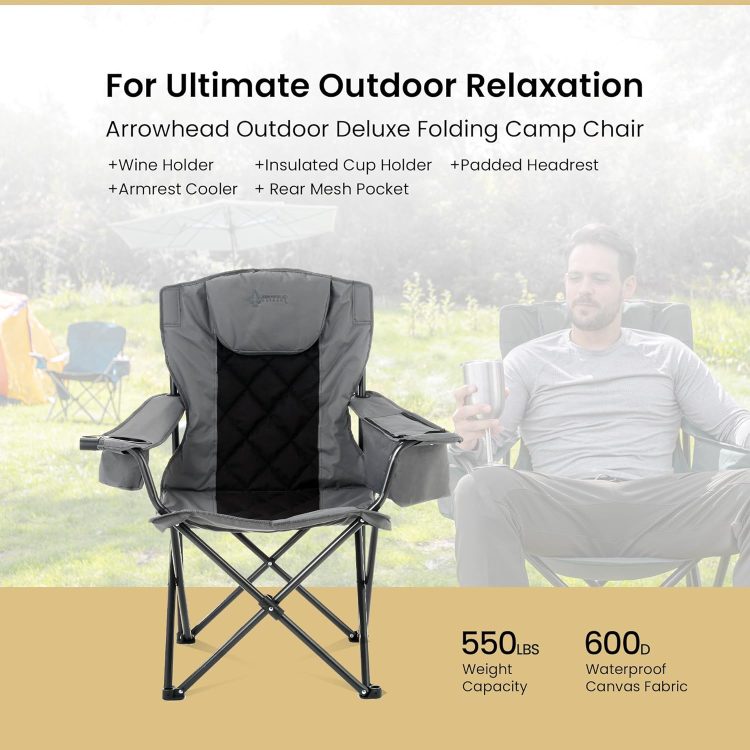 ARROWHEAD OUTDOOR Portable Folding Camping Quad Chair w/ 6-Can Cooler, Cup & Wine Glass Holders, Heavy-Duty Carrying Bag, Padded Armrests, Headrest & Seat, Supports up to 550lbs, USA-Based Support - Image 4