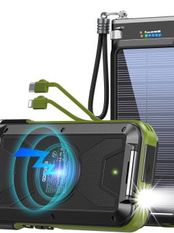 GOODaaa Solar Power Bank, 45800mAh Wireless Portable Charger Built-in Cables,15W Fast Charging Solar Charger, USB C in&Out and USB A Battery Pack for Outdoor with Emergency Radio,Flashlight