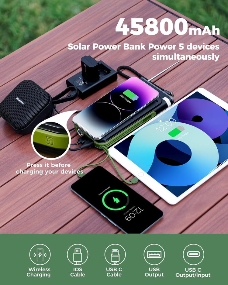 GOODaaa Solar Power Bank, 45800mAh Wireless Portable Charger Built-in Cables,15W Fast Charging Solar Charger, USB C in&Out and USB A Battery Pack for Outdoor with Emergency Radio,Flashlight - Image 2